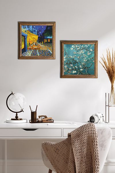 Pinecone Van Gogh Cafe Terrace at Night, Almond Tree Stone Wall Painting Wood Framed Wall Decor -W2-374-