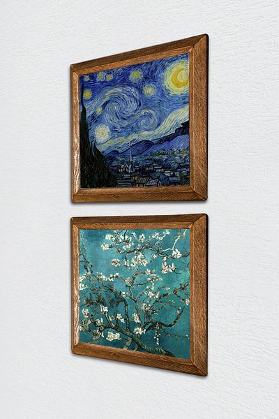 Pinecone Van Gogh Starry Night, Almond Tree Stone Wall Painting Wall Decor with Wooden Frame -W2-370-
