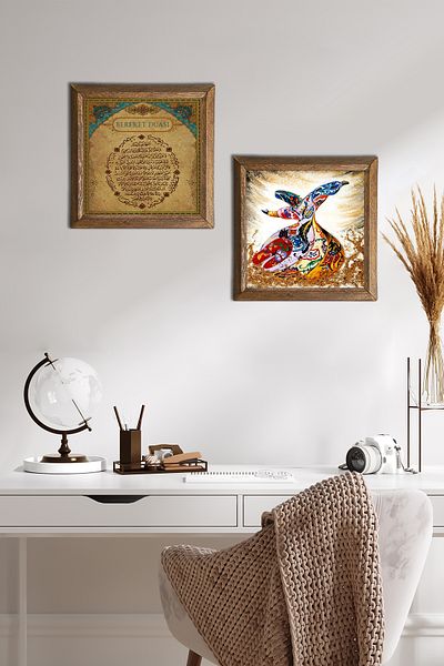 Pinecone Fertility Prayer, Whirling Dervish Stone Wall Painting Wooden Framed Wall Decor 2 Piece Painting Set -W2-617-