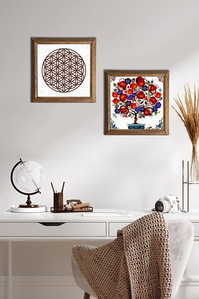 Pinecone Flower of Life, Pomegranate Tree Stone Wall Painting Wood Framed Wall Decor 2 Piece Painting Set -W2-165-