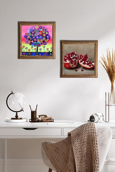Pinecone Tree of Life, Pomegranate Stone Wall Painting Wood Framed Wall Decor 2 Piece Painting Set Wall Art -W2-729-