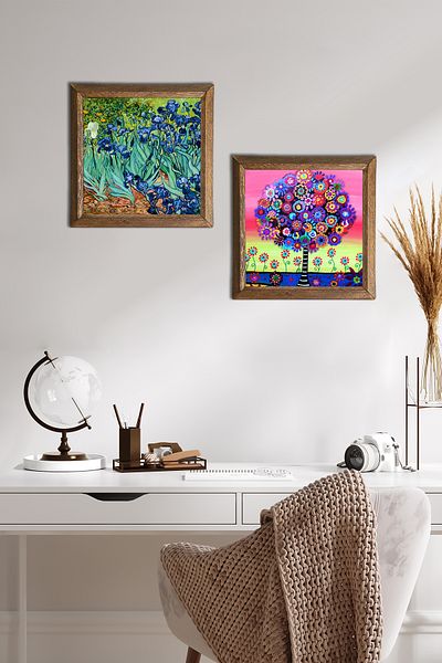 Pinecone Van Gogh Irises, Tree of Life Stone Wall Painting Wooden Framed Wall Decor Set of 2 Painting -W2-653-