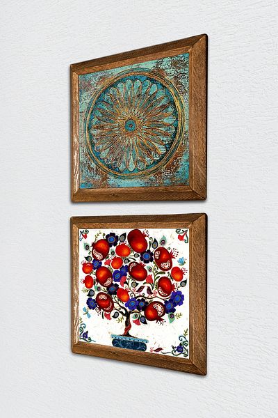 Pinecone Flower of Life, Pomegranate Tree Stone Wall Painting Wood Framed Wall Decor 2 Piece Painting Set -W2-171-