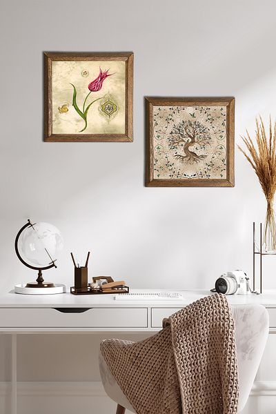 Pinecone Tulip, Tree of Life Stone Wall Painting Wooden Framed Wall Decor Set of 2 Painting Wall Art -W2-640-