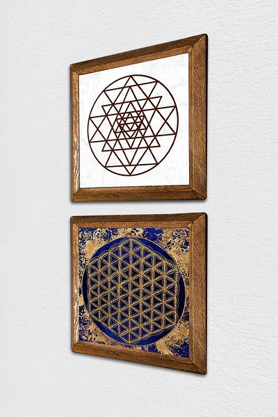 Pinecone Sri Yantra, Floarea Vieții Pictură pe perete din piatră Decor de perete cu rame din lemn Set de pictură 2 piese -W2-446-