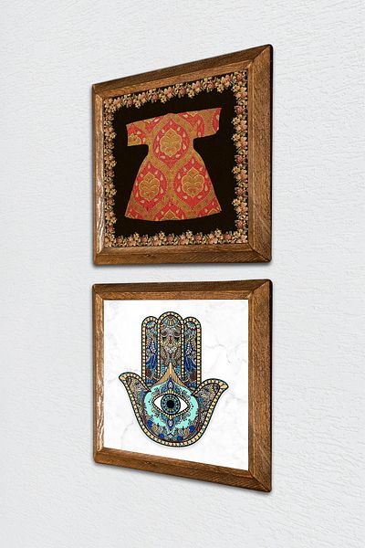 Pinecone Hırka-i Şerif, Fatma Ana Eli (Hamsa) Stone Wall Painting Wall Decor with Wooden Frame -W2-53-