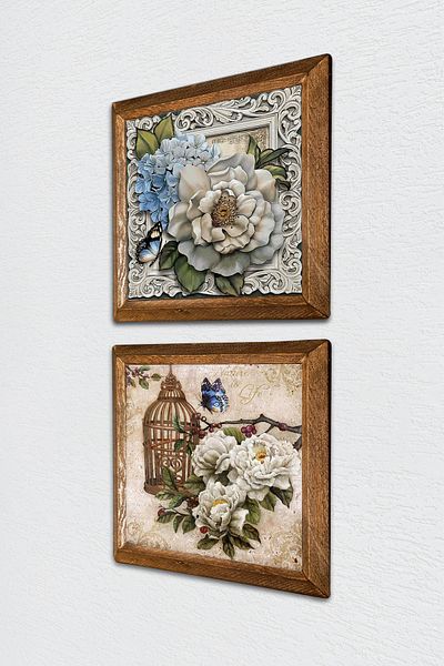 Pinecone Butterfly Flower Stone Wall Painting with Wood Frame Wall Decor 2 Piece Painting Set Wall Art -W2-285-
