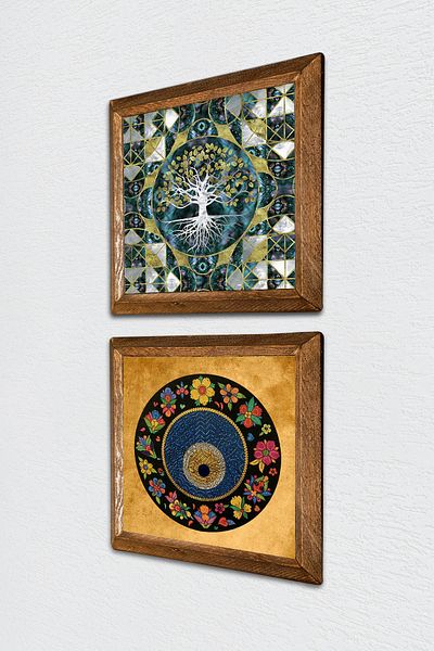Pinecone Δέντρο της Ζωής, Πίνακας τοίχου με πέτρα με κακό μάτι Ξύλινο πλαίσιο Διακόσμηση τοίχου Σετ ζωγραφικής 2 τεμαχίων Wall Art -W2-413-
