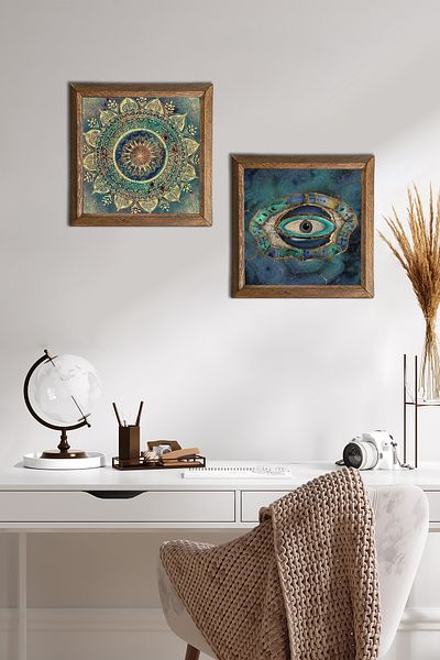 Pinecone Mandala, Evil Eye Stone Wall Painting with Wooden Frame Wall Decor 2 Piece Painting Set Wall Art -W2-568-