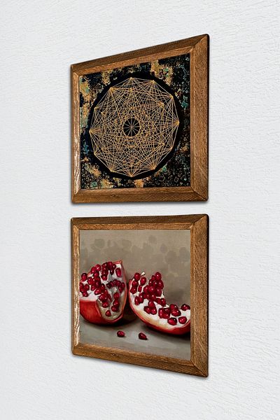 Pinecone Sri Yantra, Ζωγραφική τοίχου με πέτρα από ρόδι με ξύλινο πλαίσιο Διακόσμηση τοίχου 2 τεμαχίων Σετ ζωγραφικής Wall Art -W2-757-