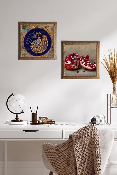 Pinecone Păun, pictură pe perete cu piatră de rodie, decor de perete cu rame din lemn, set de pictură din 2 piese, artă de perete -W2-754-