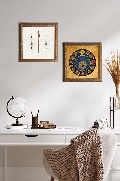 Pinecone Elif, Evil Eye Stone Wall Painting with Wooden Frame Wall Decor 2 Piece Painting Set Wall Art -W2-404-