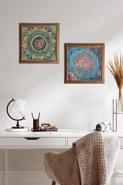 Pinecone Mandala, Flower of Life Stone Wall Painting with Wooden Frame Wall Decor 2 Piece Painting Set -W2-548-