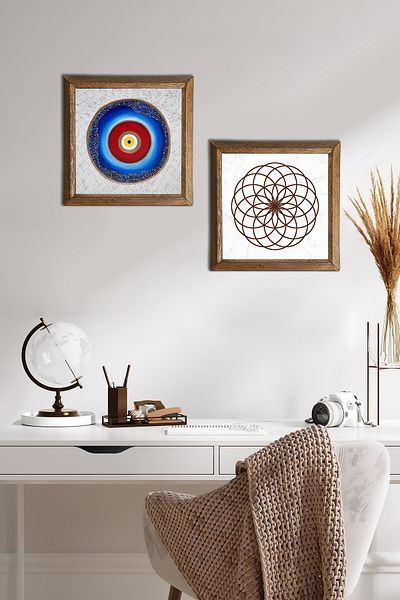 Pinecone Evil Eye, Floarea Vieții Pictură pe perete din piatră Decor de perete cu rame din lemn Set de 2 picturi Artă de perete -W2-493-
