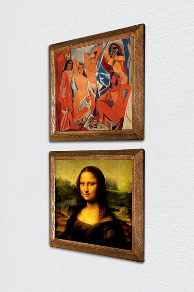 Pinecone Picasso Fete din Avignon, Da Vinci Mona Lisa Pictură pe perete din piatră Decor de perete cu rame din lemn -W2-332-