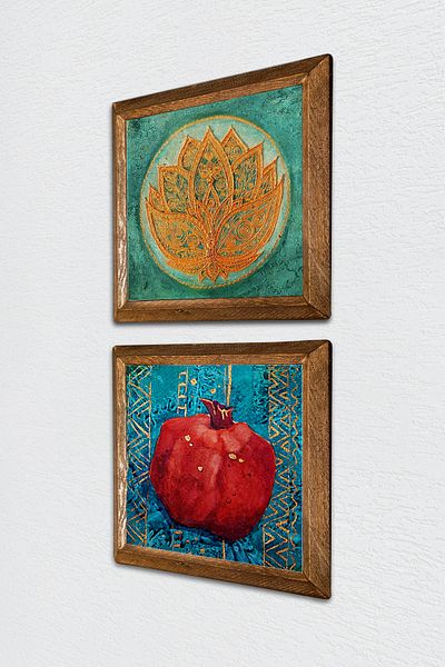 Pinecone Lotus Flower, Pomegranate Stone Wall Painting with Wooden Frame Wall Decor Set of 2 Painting Wall Art -W2-124-