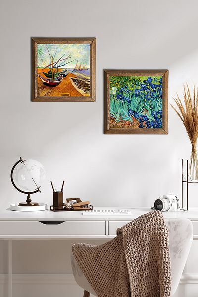 Pinecone Van Gogh Fishing Boats, Irises Stone Wall Painting Wood Framed Wall Decor -W2-385-