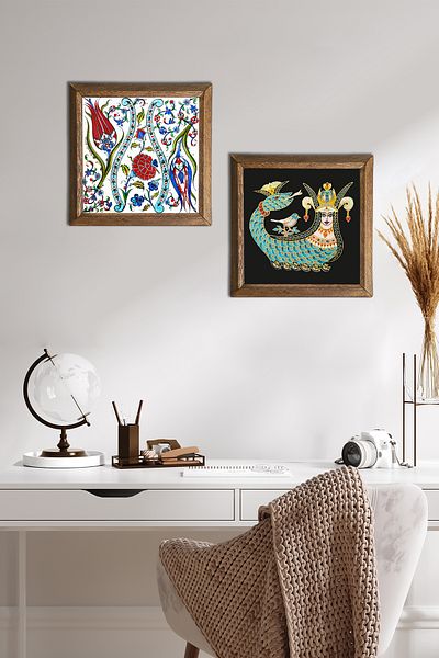 Pinecone Tulip, Shahmeran Stone Wall Painting with Wooden Frame Wall Decor 2 Piece Painting Set Wall Art -W2-257-