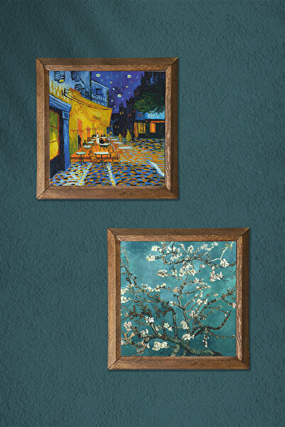 Pinecone Van Gogh Cafe Terrace at Night, Almond Tree Stone Wall Painting Wood Framed Wall Decor -W2-374-