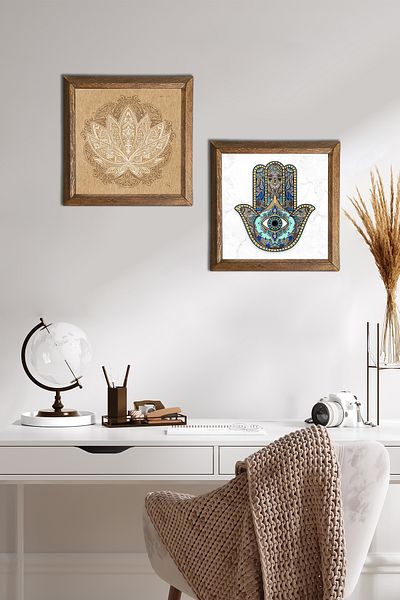 Pinecone Lotus Flower, Fatma Mother Hand (Hamsa) Stone Wall Painting Wooden Framed Wall Decor -W2-42-