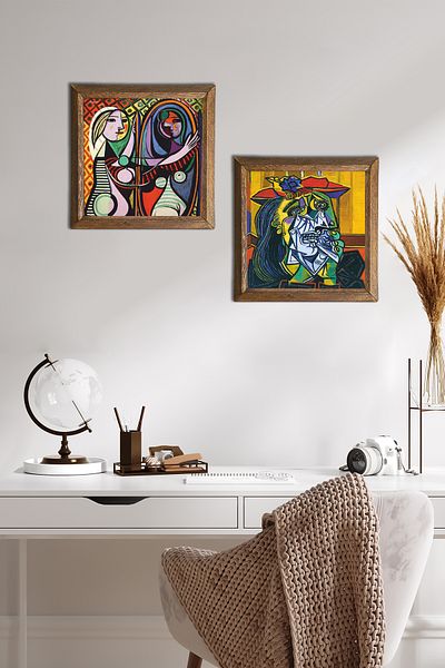 Pinecone Picasso Crying Woman, Girl Against Mirror Stone Wall Painting Wood Framed Wall Decor -W2-602-