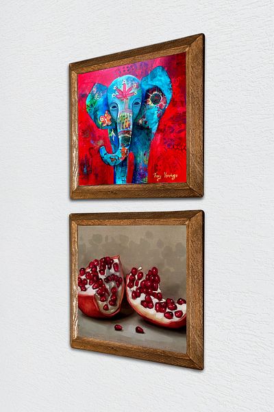 Pinecone Elephant, Pomegranate Stone Wall Painting with Wooden Frame Wall Decor 2 Piece Painting Set Wall Art -W2-242-