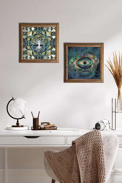 Pinecone Tree of Life, Evil Eye Stone Wall Painting Wooden Framed Wall Decor Set of 2 Painting Wall Art -W2-569-