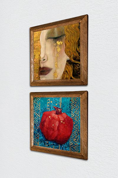 Pinecone Gustav Klimt Golden Tears, Pomegranate Stone Wall Painting with Wooden Frame Wall Decor Set of 2 Painting -W2-96-