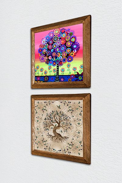 Pinecone Arborele vieții Pictură pe perete din piatră Decor de perete cu rame din lemn Set de pictură din 2 piese Artă de perete -W2-638-