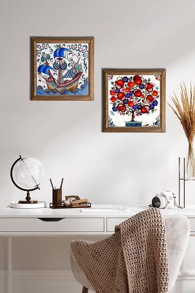 Pinecone Navă cu pânze în artă, pictură pe perete din piatră de rodie, decor de perete cu rame din lemn -W2-168-