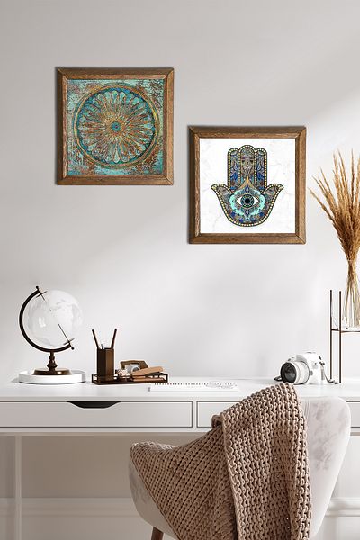 Pinecone Flower of Life, Fatma Mother Hand (Hamsa) Stone Wall Painting Wood Framed Wall Decor -W2-46-