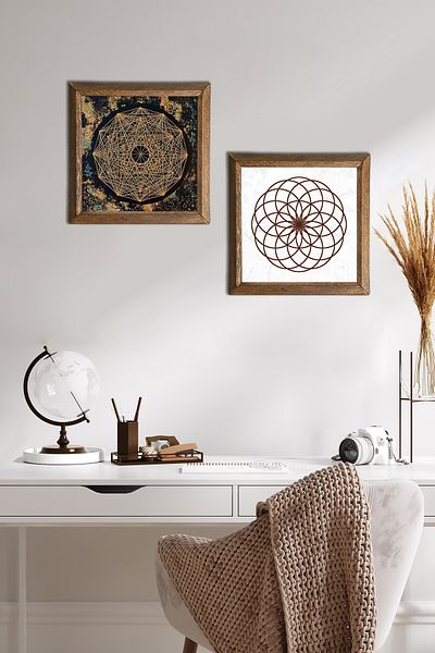 Pinecone Sri Yantra, Flower of Life Πέτρινη Ζωγραφική Τοίχου με Ξύλινο Πλαίσιο Διακόσμηση Τοίχου 2 τεμαχίων Σετ ζωγραφικής -W2-490-