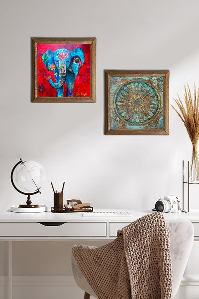 Pinecone Elephant, Flower of Life Stone Wall Painting with Wooden Frame Wall Decor Set of 2 Painting Wall Art -W2-516-