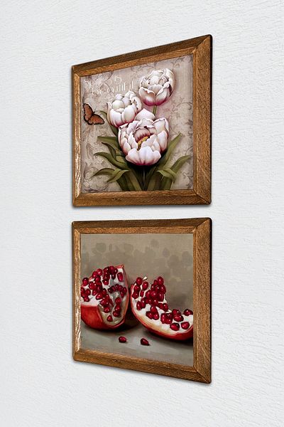 Pinecone Flower with Butterfly, Pomegranate Stone Wall Painting with Wooden Frame Wall Decor 2 Piece Painting Set -W2-732-