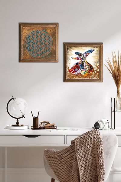Pinecone Floarea vieții, pictură pe perete din piatră de stăpârțit, decor de perete cu rame din lemn, set de pictură din 2 piese -W2-637-