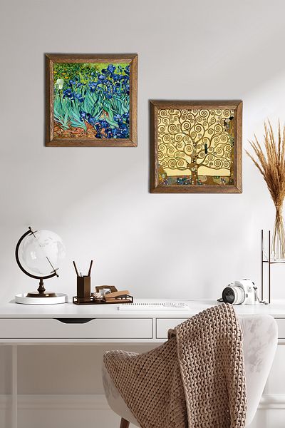 Pinecone Van Gogh Irises, Gustav Klimt Tree of Life Stone Wall Painting Wood Framed Wall Decor -W2-348-