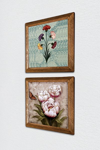 Pinecone Ebru Art, Fluture Floare Piatra Pictura Perete Decor de perete cu rama din lemn Set de 2 tablouri -W2-313-
