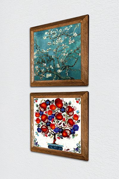 Pinecone Van Gogh Almond Tree, Pomegranate Tree Stone Wall Painting Wooden Framed Wall Decor Set of 2 Painting -W2-150-