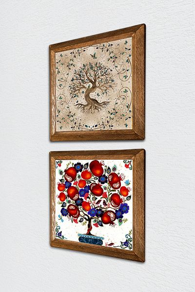 Pinecone Δέντρο της ζωής, Πέτρινος τοίχος ζωγραφικής από ξύλο ξύλινο πλαίσιο διακόσμηση τοίχου 2 τεμαχίων σετ ζωγραφικής -W2-143-