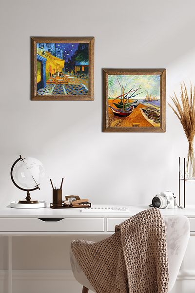 Pinecone Van Gogh Cafe Terrace at Night, Fishing Boats Stone Wall Painting Framed Wall Decor -W2-392-