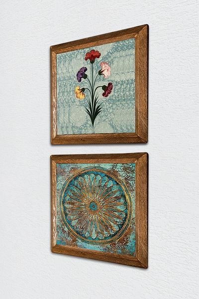 Pinecone Marbling Art, Flower of Life Stone Wall Painting Wood Framed Wall Decor 2 Piece Table Set -W2-521-
