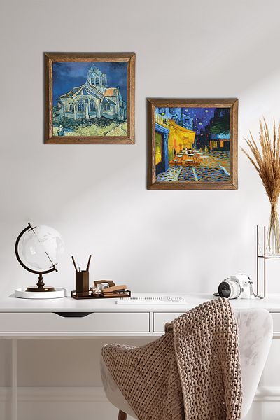 Pinecone Η εκκλησία στο Van Gogh Auvers, Cafe Terrace Night Stone Wall Painting Πλαίσιο διακόσμησης τοίχου -W2-394-