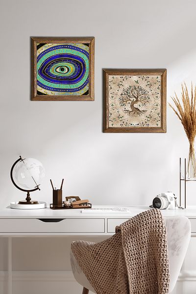 Pinecone Evil Eye, Arborele Vieții Pictură pe perete din piatră Decor de perete cu rame din lemn Set de 2 picturi Artă de perete -W2-214-