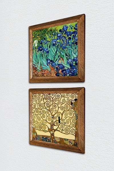 Pinecone Van Gogh Irises, Gustav Klimt Tree of Life Stone Wall Painting Wood Framed Wall Decor -W2-348-