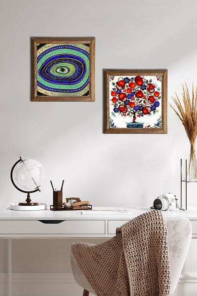 Pinecone Evil Eye, Pictură pe perete din piatră de pom de rodie Decor de perete cu rame din lemn Set de pictură din 2 piese Artă de perete -W2-176-