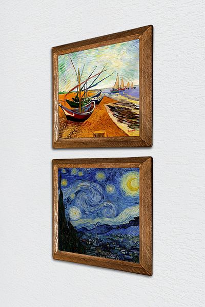 Pinecone Van Gogh Fishing Boats, Starry Night Stone Wall Painting Wood Framed Wall Decor -W2-380-