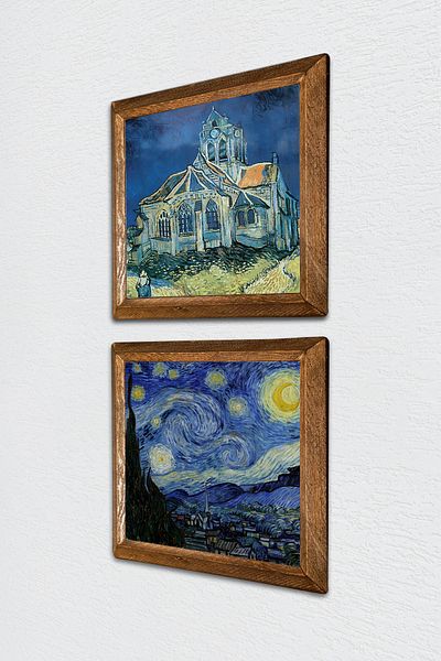 Pinecone Van Gogh the Church at Auvers,Starry Night Stone Wall Painting Wood Framed Wall Decor -W2-382-