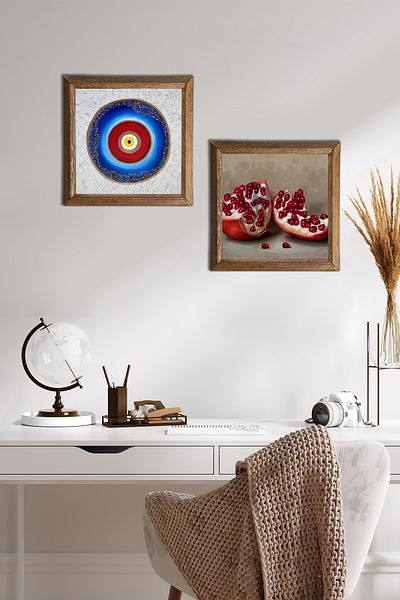 Pinecone Evil Eye, Pomegranate Stone Wall Painting with Wooden Frame Wall Decor 2 Piece Painting Set Wall Art -W2-266-