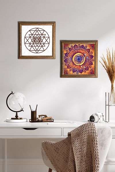 Pinecone Mandala, Sri Yantra Pictură pe perete din piatră Decor de perete cu rame din lemn Set de 2 picturi Artă de perete -W2-472-