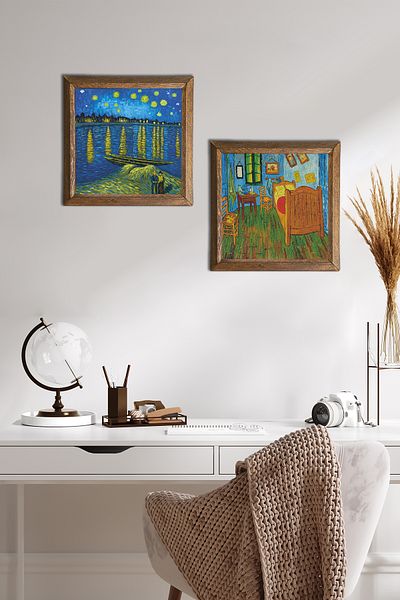 Pinecone Van Gogh Rhine River, Stone Wall Painting for Bedroom Wood Framed Wall Decor 2 Piece Painting -W2-397-
